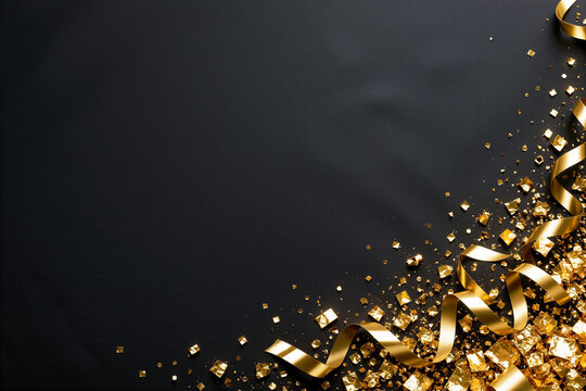 Golden party streamers and glitter confetti on a dark surface