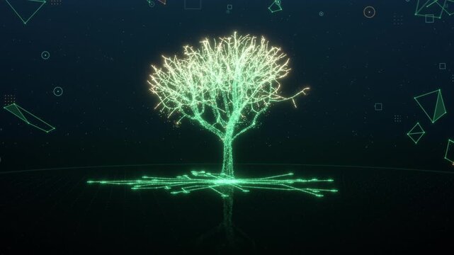 Digital tree with circuit roots growing from a spark on holographic grid among floating wireframe polygons