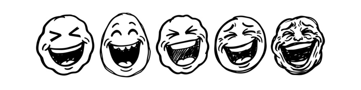 Set of hand-drawn funny laughing faces in doodle sketch style. Humorous cartoon meme emoji characters with hysterical happy smiles isolated on white background.