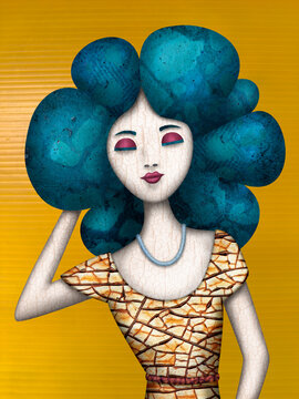 Striking digital collage illustration of a woman with blue hair