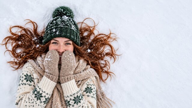 Red haired woman in green winter hat and mittens lying in snow