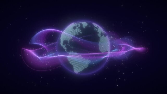 Rotating dotted globe wrapped in flowing purple light ribbons with sparkles in space, seamless loop