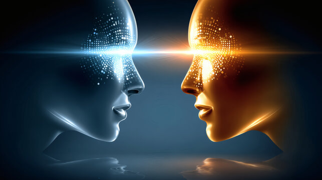 closeup of two digital human faces with reflective metal texture, glowing pixel patterns appear across skin, blue and golden light streams converge at foreheads, holographic binary numbers float 