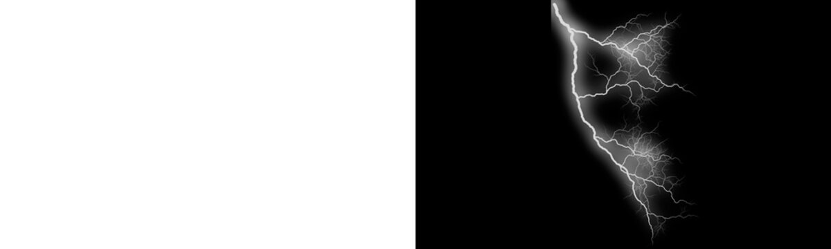 Jagged lightning bolt striking on transparent and black backgrounds for design.