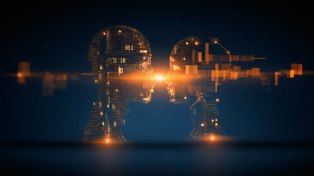 detail photorealistic image of two digital human faces facing closely with glowing pixel textures and converging data streams, binary code rises above while floating charts surround, warm and 