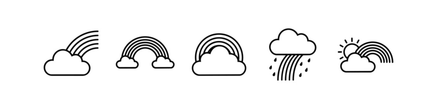 Set of rainbow outline icons with clouds, sun, and rain. Minimalist black line weather symbols isolated on white background for web design and app UI.