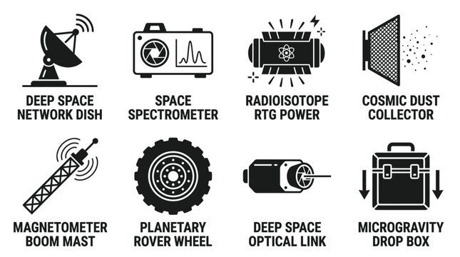 Set of space exploration technology and planetary rover hardware components in black and white with aerospace spectrometer magnetometer microgravity