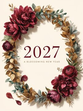 Elegant floral New Year 2027 greeting card with burgundy peonies, roses, vintage golden foliage, and a botanical wreath on a cream background