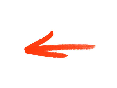 Hand drawn orange red brush stroke arrow pointing left, bold painted marker backward direction sign, previous and back navigation symbol, isolated on white background, vector illustration for design