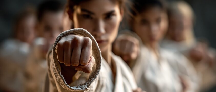 A group of women in white martial arts uniforms pose with fists extended, focusing on the foreground punch against a blurred.