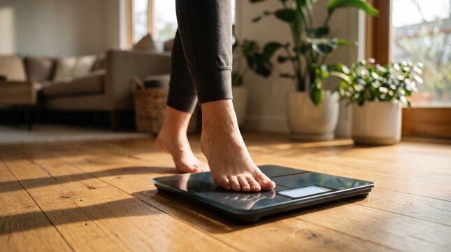 Person stepping on a digital scale for weight measurement