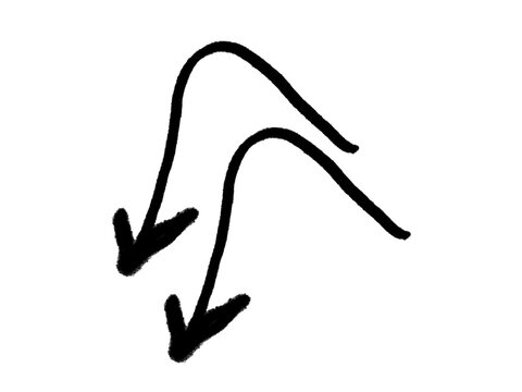 Hand drawn black double curved arrows pointing down, two brush stroke downward direction signs showing decrease, decline and falling trend, isolated on white background, doodle vector illustration