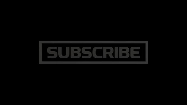 Subscribe button animation with a bold dark frame on a black background, featuring a clean channel subscribe call to action design for digital