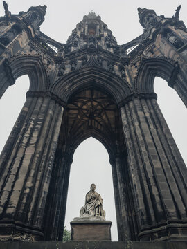 Scott Monument, a monument to the Scottish author Sir Walter Scott, on a cloudy day in Edinburgh, Scotland.