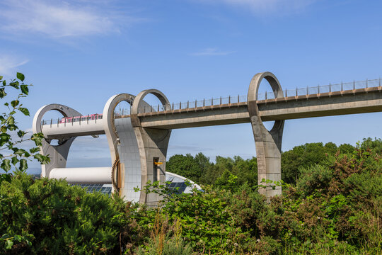 The Falkirk Wheel, a rotating boat lift connecting the Forth and Clyde Canal with the Union Canal in Falkirk, Scotland.