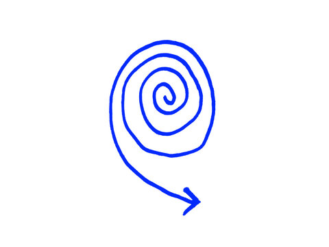 Blue hand-drawn spiral arrow, circular motion doodle on white background, minimalist sketch of swirling arrow for creative projects