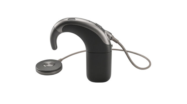Modern cochlear implant processor, advanced hearing aid technology for deaf assistance, isolated medical device on white background