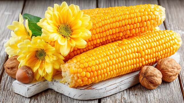 Thanksgiving autumn decoration with corn and walnuts on white wood, commercial photo asset