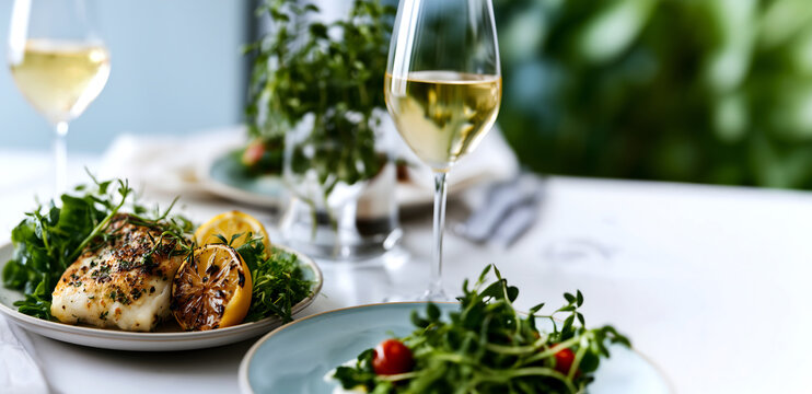 Creative food lifestyle template. Grilled cod white fish Outdoor Mediterranean lunch, glass of white wine and salad on bright fresh midday light. copy text space
