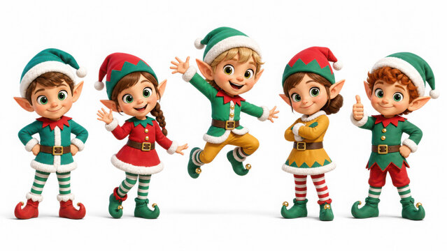 Five cute 3D christmas elves in festive green and red outfits standing together generated using ai