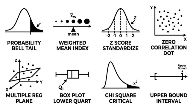 Collection of statistical analysis and probability distribution chart icons for data science with z score box plot statistics regression correlation interval