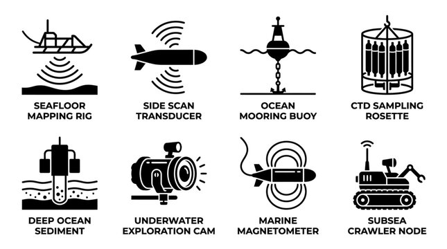 Marine research equipment icons for seafloor mapping and deep ocean scientific exploration with transducer sediment magnetometer underwater bathymetry