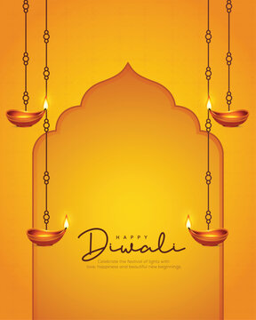 Celebrate Diwali with four glowing traditional diyas, a golden ornamental arch, elegant hanging lamps, and a radiant yellow background, creating a festive greeting design inspired by Indian culture 