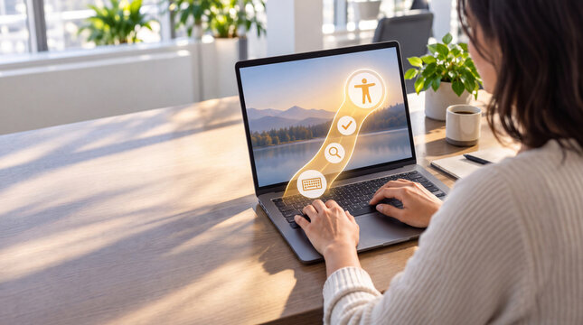 Laptop accessibility concept with golden interface pathway
