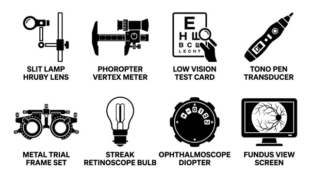 Collection of ophthalmology and optometry diagnostic equipment icons with examination phoropter transducer ophthalmoscope healthcare instrument