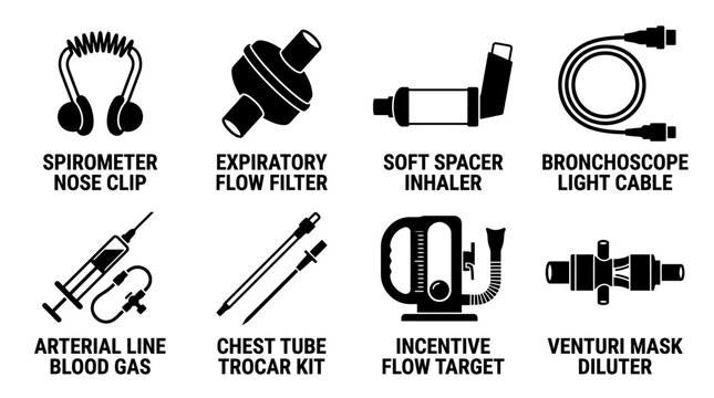 Collection of medical respiratory and surgical instruments for intensive care diagnostics with spirometer ventilator bronchoscope clinical pulmonary diagnostic hospital equipment