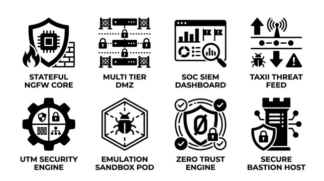 Cybersecurity and network defense infrastructure icon set with security firewall protection dashboard encryption computer information technology protocol