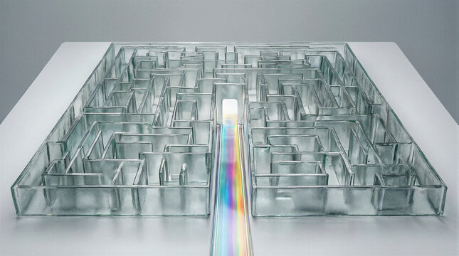Frosted glass maze with iridescent glowing path leading to exit on white surface