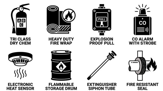 Set of fire safety and industrial protection equipment icons with extinguisher flammable emergency prevention suppression detector chemical installation