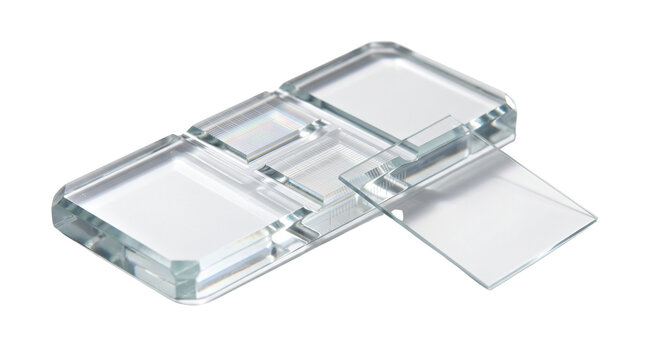 Clear glass hemocytometer slide with cover slip, lab cell counting chamber, scientific research microscopy equipment isolated on white