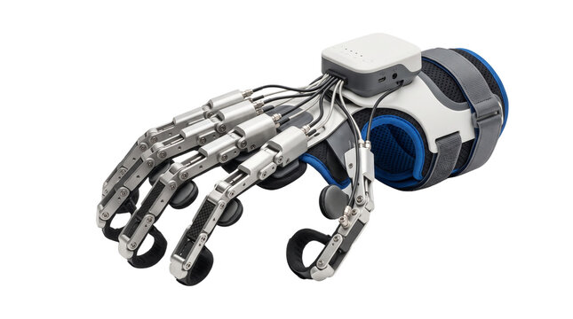 Robotic exoskeleton hand glove on white background, bionic prosthetic hand technology, futuristic haptic feedback glove
