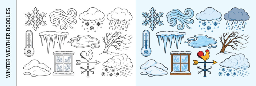 Cold Season Weather Vector Elements with Snow, Frost, Wind and Winter Forecast Symbols