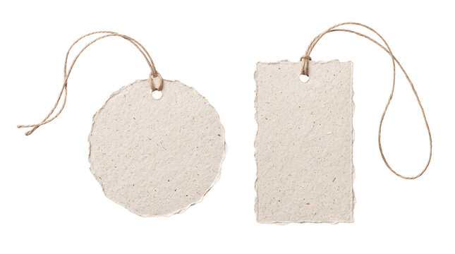 Tags made from recycled paper with twine strings are displayed cleanly on a bright transparent background.