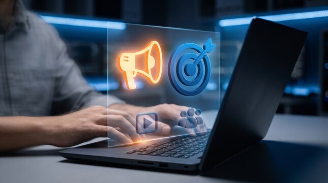 Digital Marketing Advertising Strategy Target Audience Customer Group Showing Marketer Working On Laptop With Megaphone Bullseye Goal Video Media And Social Network Hologram In Datacenter Room
