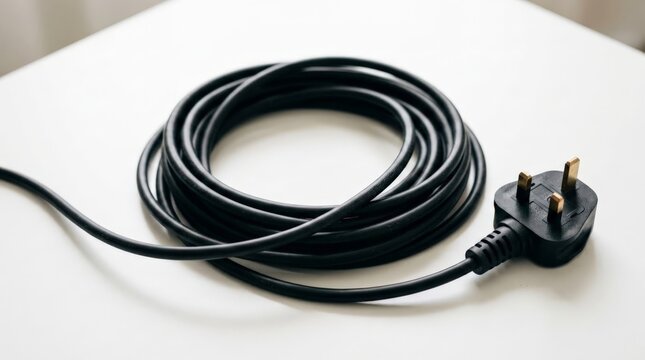 A coiled black electrical power cable rests on a clean white surface with its three-prong plug lying unplugged nearby, creating a minimalist composition conveying quiet isolation