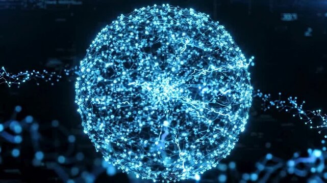 Glowing sphere disintegrates into particles against a dark blue background disintegration decay shatter fragment luminescent