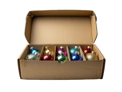 Cardboard box of colorful glass Christmas ornaments, isolated on transparent background