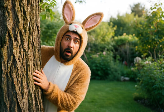 Easter surprise and fun, man in a bunny costume peeking from behind a tree in a garden with a shocked expression for holiday celebration and humor
