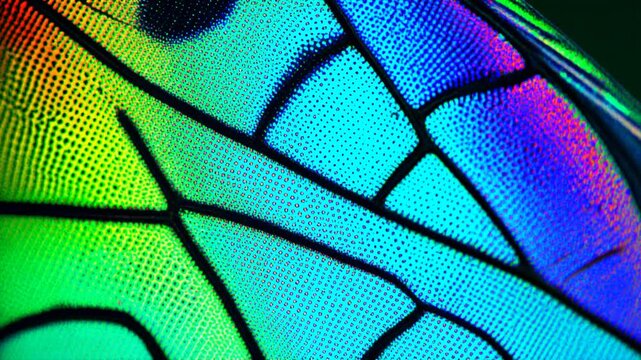 Macro Insect Wing Vibrant Rainbow Colors, Detailed Scales and Veins, Abstract Nature Pattern