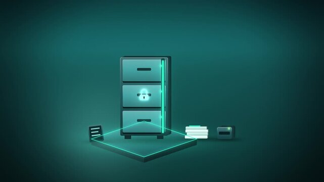 Cyan filing cabinet with a glowing lock bar tilted view coming to life