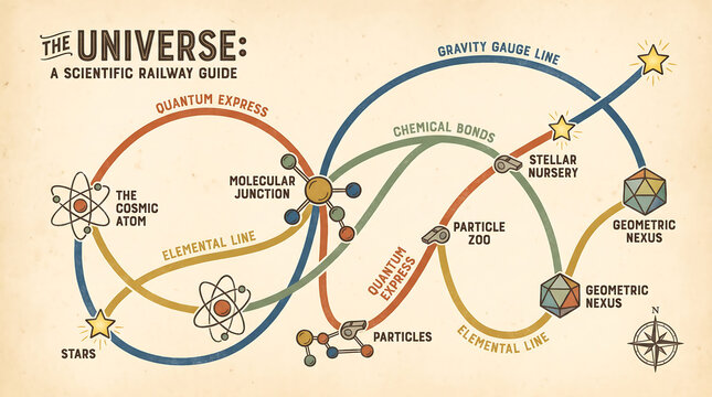 Vintage scientific railway map poster illustrating cosmic transit routes, atomic junctions, and stellar nurseries   