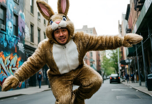 Easter celebration and fun, man in a brown rabbit costume dancing on a city street with urban graffiti background for holiday marketing and events