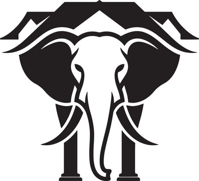 Abstract elephant head with architectural elements, symmetrical black and white vector.
