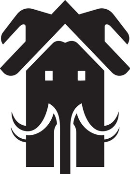 Bold black elephant head with curved tusks and large ears, cleverly forming a unique house structure, symbolizing robust and secure living, isolated vector.