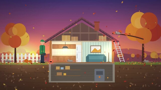 Pest control technician seals mouse entry points in a house cutaway, rodent proofing explainer animation 4K