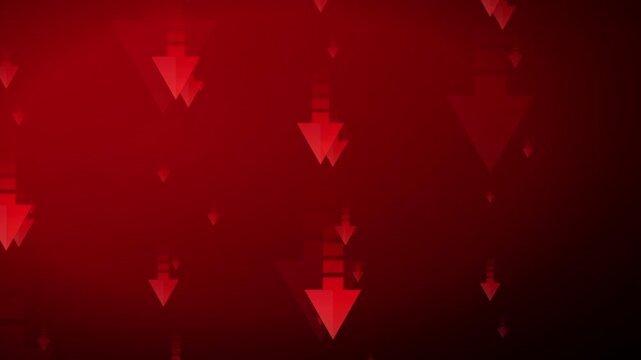 Red arrows moving downward on a dark red gradient background representing financial market decline with symbolizing negative trend market drop falling downward with against dark
